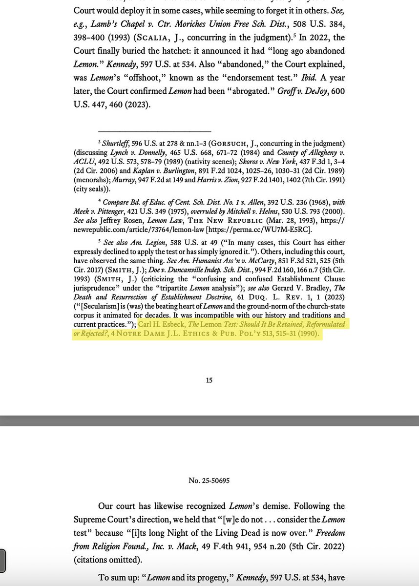 NotreDameJLEPP's tweet photo. The Nathan v. Alamo opinion also cites Prof. Carl Esbeck's article in @NotreDameJLEPP's vol. 4, in addition to @NDLaw's esteemed @RickGarnett. 

Check out Prof. Esbeck's article in our repository! https://t.co/7rvMRAyjhC