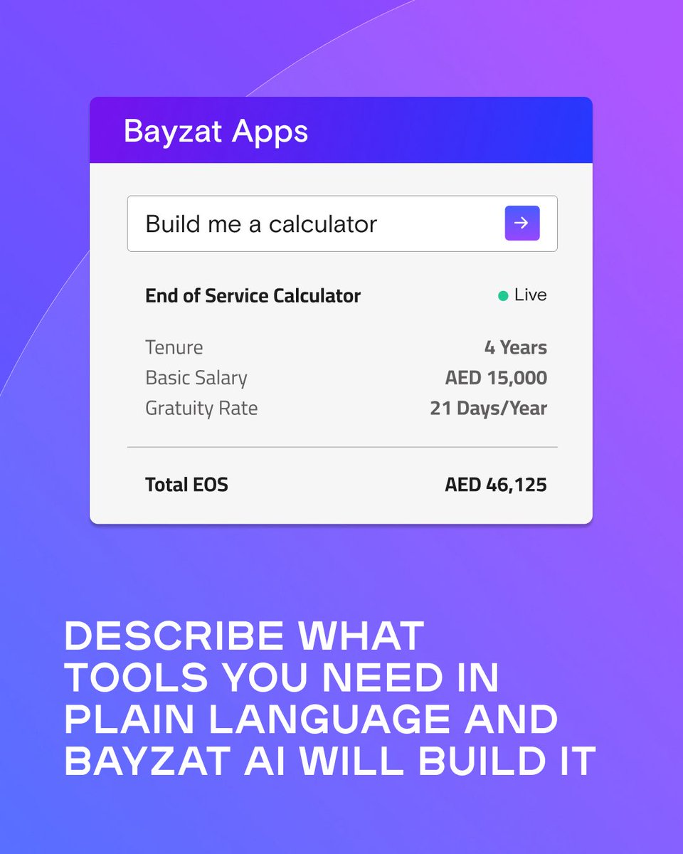bayzatme's tweet image. What if you could build the tools you need… just by describing them?

With Bayzat Apps, create custom apps for any process.
Forms, dashboards, trackers، whatever your team needs.

No code. No complexity.

Your HR. Your rules.

#Bayzat #BayzatStudio #HRTech #YourHRYourRules