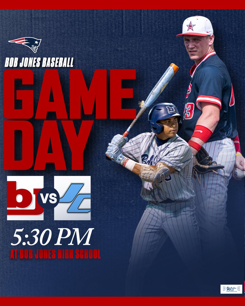 BJHSBaseball's tweet photo. AREA CHAMPIONSHIP GAMEDAY!!!!! FILL THE HILL!! Tailgate will be rocking in right field with free food for Bob Jones students! Seating will be limited so arrive early! Pats must win today to force a winner-take-all game tomorrow for the Area 8 Championship.

7A #10 Bob Jones (24-14, 3-1) 🆚 @JCJetsBaseball (20-15, 4-0)

🗓 4/23, Thursday 

⏰ 5:30

📍 Bob Jones High School

📺 https://t.co/Ft1MvQNsWF