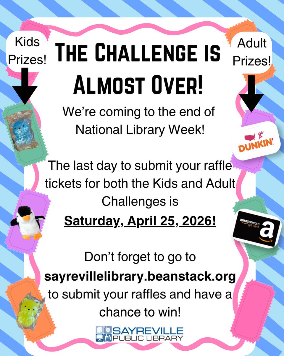 sfplibrary's tweet photo. National Library Week is almost coming to an end! 

All earned raffle tickets must be submitted by Saturday, April 25th, 2026! That is the last day to submit them. Winners will drawn the following week!

Visit https://t.co/nA7K9kymoY or to submit them today! https://t.co/xUuNokEFZD