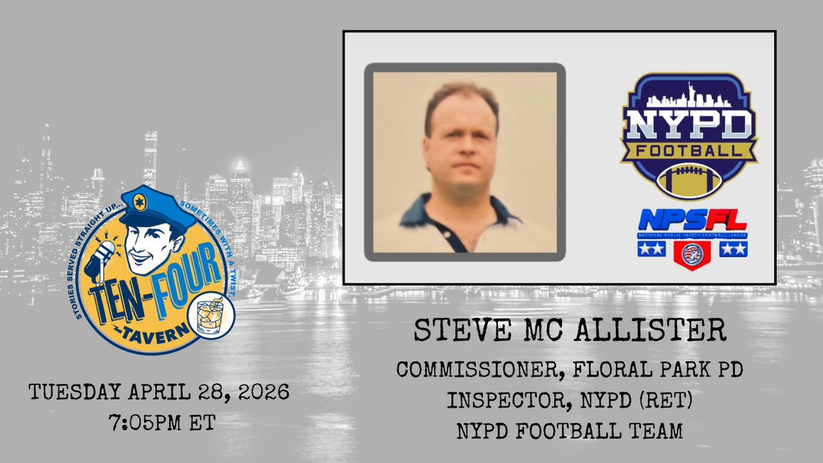 tenfourtavern's tweet photo. 🏈 🚨 TUESDAY APRIL 28 | 7:05 PM ET 🚨 🏈
From the Streets…Linebacker to Command…to Commissioner.

Next week on Ten-Four Tavern, we sit down with Floral Park PD Commissioner and #NYPD Inspector Steve McAllister (Ret.)…and this one runs deep.

25 years in the NYPD.
CompStat era leadership.

Commanding Officer of TARU, overseeing 150 technical investigators on major cases across New York City.
Borough Commander in Manhattan Transit.
CO of the 66 Precinct in Brooklyn.

Then…not done.
Police Commissioner of Floral Park PD for the last 15+ years.

Builder. Leader. Still in the fight.
Oh… and somewhere in between?

Linebacker for the NYPD Finest.
Co-founder of the National Public Safety Football League.
Multiple championships.

Because apparently running a precinct wasn’t enough action.

This isn’t a war story episode.
This is about leadership, evolution, and what it actually takes to run a department.

Pull up a stool.

📺 Watch Live: https://t.co/ngweU9P7m5

#theFinestUnfiltered #TFT #policeleadership #NYPD #lawenforcement #publicsafety #CompStat #policecommissioner #truecrime #podcast