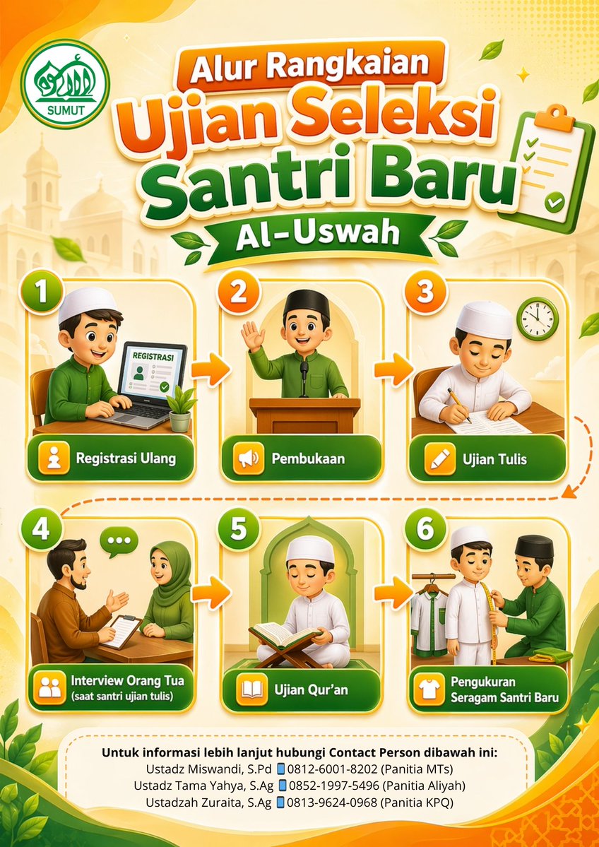aluswahsumut's tweet image. Ayo Bergabung Menjadi Santri Baru Pondok Pesantren Al-Uswah!

Masih terbuka peluang untuk kamu mendaftar pada gelombang II atau hadir langsung besok Ahad 26 April 2026 di Pondok Pesantren Al-Uswah, ikuti alur pelaksanaan seleksinya pada flayer tersebut. #aluswah #santri  #tahfidz