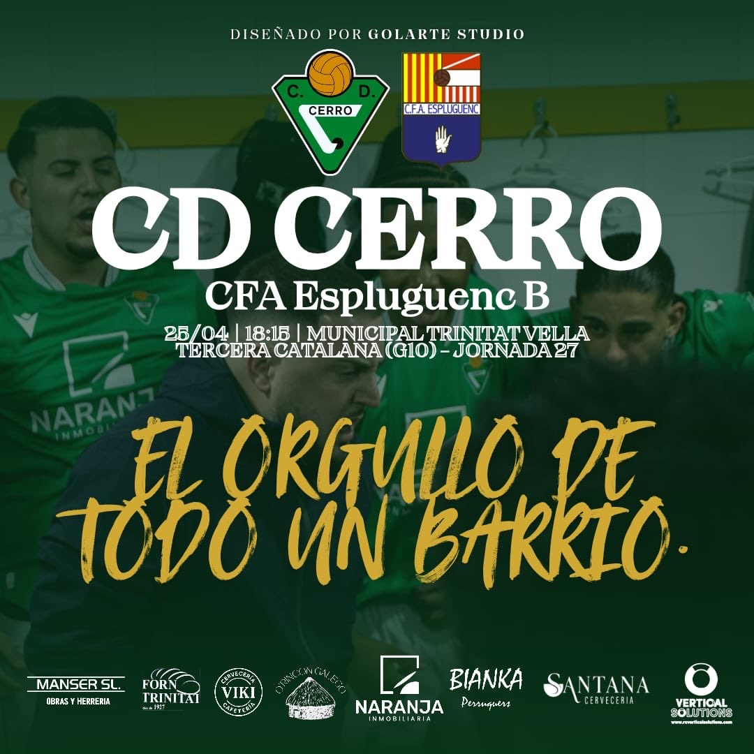 CD_CERRO's tweet photo. ‼️ NOS VISTA EL LÍDER DE LA #3CAT10.

🫡 Este sábado, a las 18:15, nos vemos en nuestra casa, en el Templo de los Sueños.

👉 Recibimos al CFA Espluguenc en el Municipal Trinitat Vella.

💚 Somos el CD Cerro, #ElOrgulloDeTodoUnBarrio. https://t.co/Td6XMKZbUQ