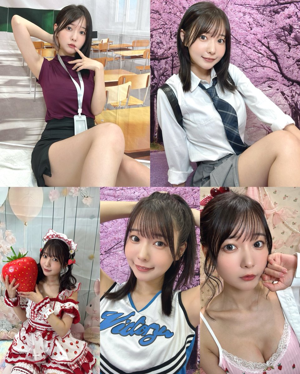 #春の宿題チェキ 衣装まとめ！！！
この5着を着たよ♡

1枚からでも世界に一つの可愛いチェキが手に入るよっ！お迎えすっごく嬉しいしお名前描きたいな！✨

5枚購入特典からつくブロマイド3種類は
チアガールと部屋着とセクシー先生👓