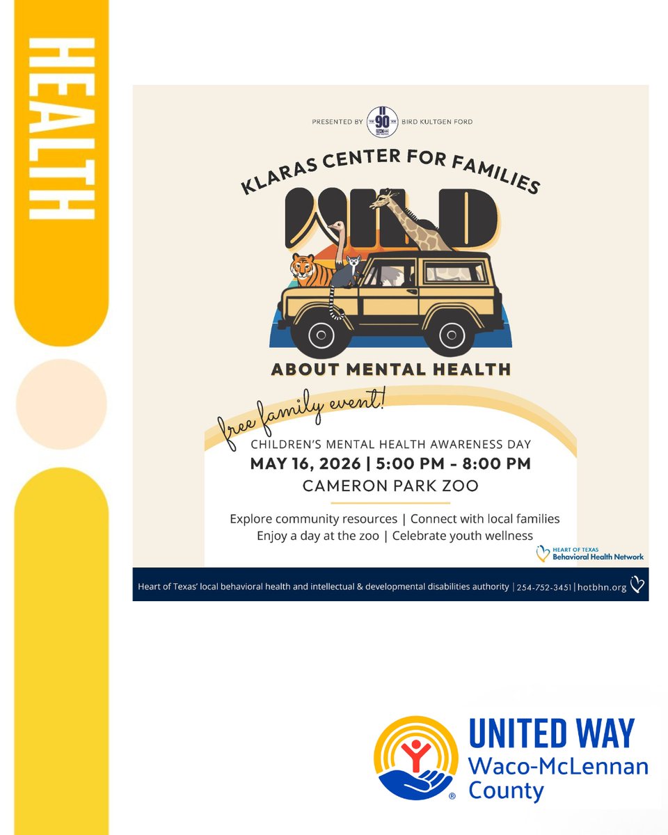 UWWMC's tweet photo. Mental health is part of whole health, and every child deserves support 💛
Join Klaras Center for Families at Cameron Park Zoo for Children’s Mental Health Awareness Day.
⏰ 5–8pm | May 16
👉 https://t.co/3G7ukWo3yH https://t.co/2gQACxJJSG