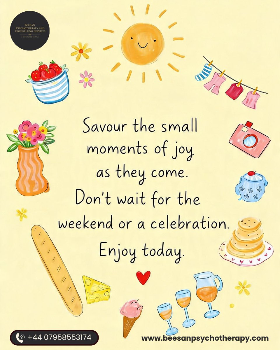TherealPsycBee's tweet photo. Savour the little joys, every single day ✨
Happiness isn’t reserved for weekends or big moments… it lives in the ordinary 💛

DM to connect | A safe space to talk

#MentalHealthMatters #DailyJoy #Mindfulness #SelfCare #EmotionalWellbeing https://t.co/hPObCiPn3Q