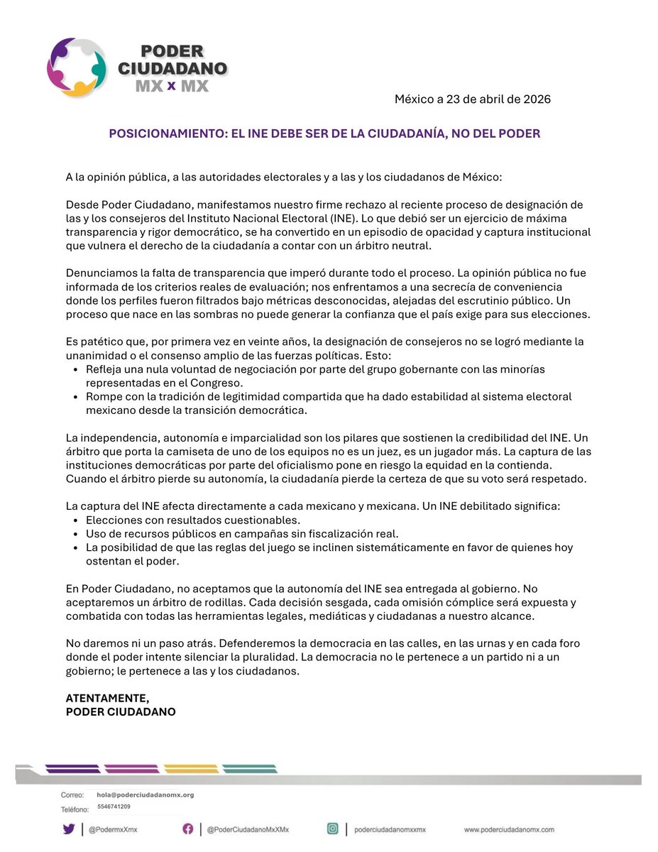 PodermxXmx's tweet photo. ¿Por qué nos oponemos a la captura del INE? 🧐
1️⃣ Opacidad: Criterios de evaluación desconocidos. 2️⃣ Imposición: Se rompió la tradición de consenso de los últimos 20 años. 
3️⃣ Riesgo: Sin árbitro neutral, no hay respeto al voto.
¡El INE debe ser de la ciudadanía, no del poder político!  #INEAutónomo #PoderCiudadano #ActualidadMX
