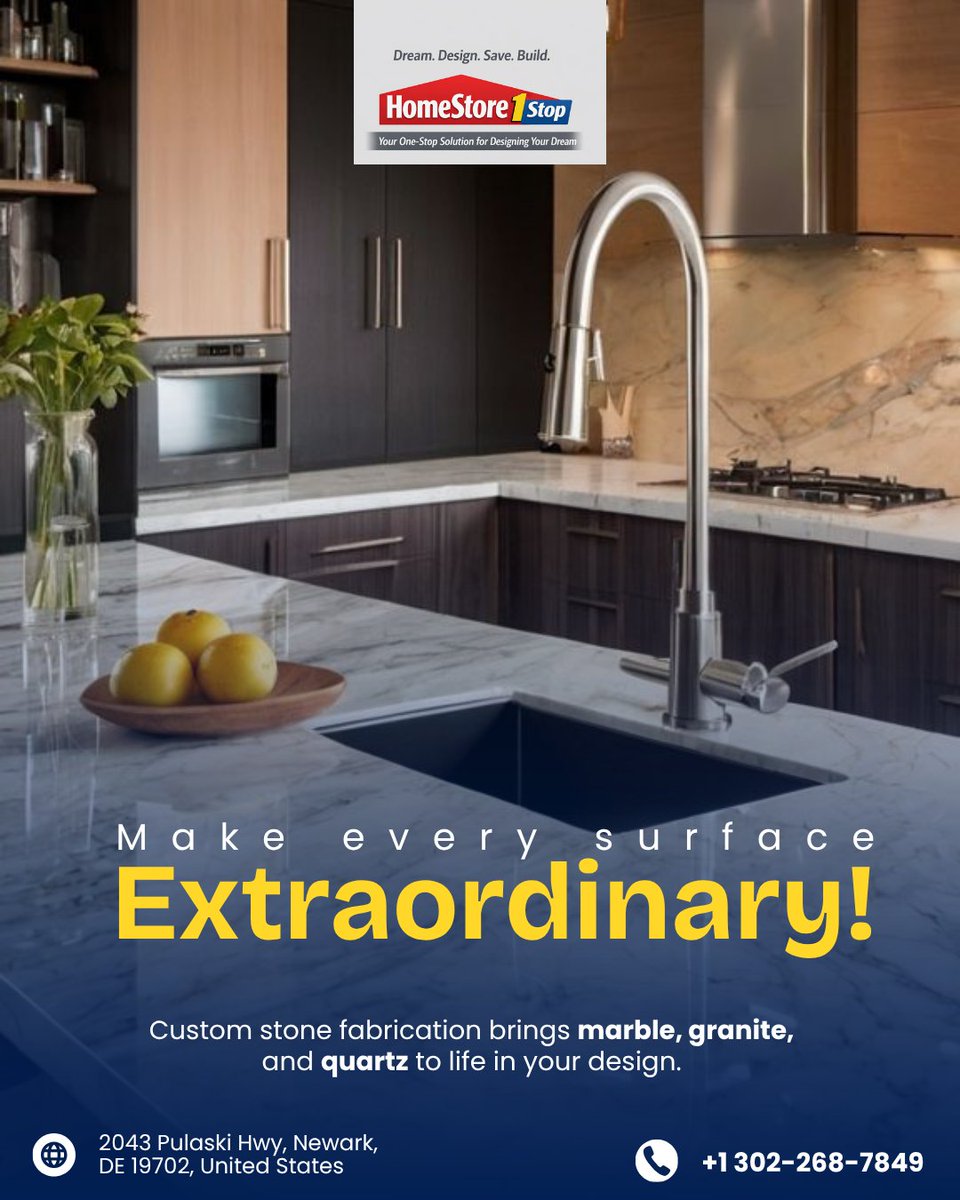 homestore1stop's tweet image. Make every surface extraordinary!
Custom stone fabrication brings marble, granite, and quartz to life in your design.

Call us Now: +1 302-268-7849
Visit us Now: 2043 Pulaski Hwy, Newark, DE 19702, United States
#homestore #onestop #stonework #homeupgrade #customdesign