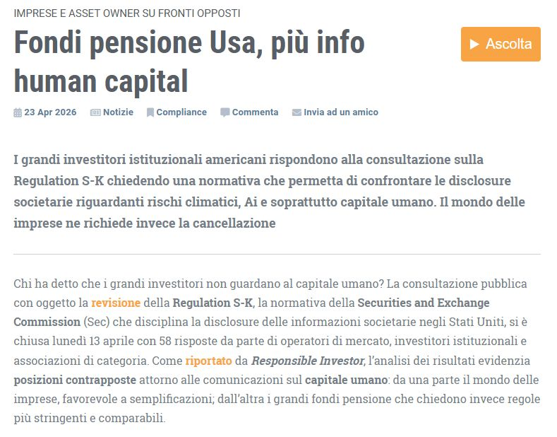 ETicaNews's tweet image. 📌 Fondi #pensione #Usa, più info human capital
Imprese e asset owner su fronti opposti

🗞️ Leggi l'articolo qui: eticanews.it/fondi-pensione…

#HumanCapital #PensionFunds #ESG #Disclosure #CorporateGovernance