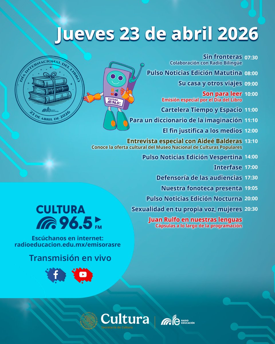 RadioEducacion's tweet photo. Este #Jueves celebra el #DíaDelLibro 📚🎉 con #RadioEducación 📻😊

Esscucha la emisión especial de #SonParaLeer 📖 #ElFinJustificaALosMedios 🎙️ #Interfase 💻 las cápsulas en honor a #JuanRulfo ✨️ y mucho más 🎙

📻 96.5 FM #CDMX
💻 https://t.co/p4QeZpjhJj https://t.co/LQVWcxbUQk