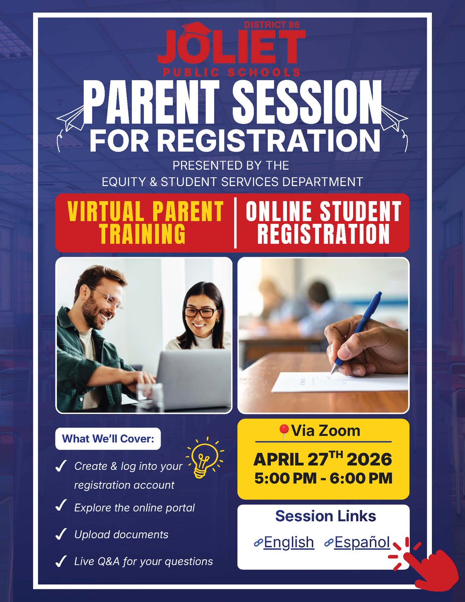 JolietSD86's tweet photo. Need help registering your children for the upcoming 2026-2027 school year? Attend our virtual Parent Session on Monday (April 27) at 5 p.m. For more information, including login information visit https://t.co/8GmPIUMSC8 https://t.co/Zf9Udv9igy