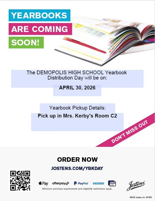 DemopolisHigh's tweet photo. Yearbooks are on their way! You can still purchase to secure your yearbook! We have about 30 extras. https://t.co/8jDCmYK1d2