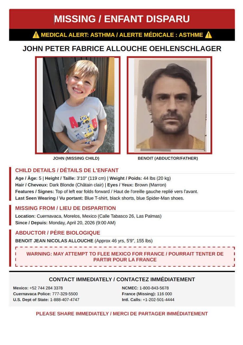 EarthPermit's tweet photo. URGENT: 5-year-old John Peter Allouche Oehlenschlager is missing. Last seen in Cuernavaca, Mexico. Believed to be illegally abducted. Authorities in Morelos are investigating. PLEASE SHARE! #Cuernavaca #Morelos #FindJohnPeter @Fiscalia_Mor @CNNEE @12News @AP https://t.co/2YFdBQ7zQX
