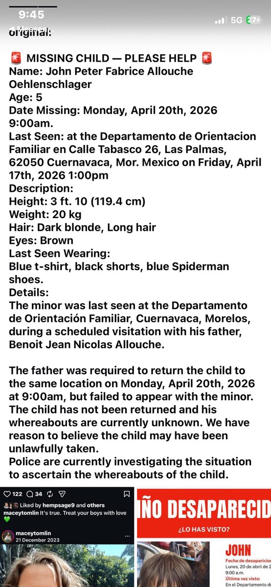 EarthPermit's tweet photo. URGENT: 5-year-old John Peter Allouche Oehlenschlager is missing. Last seen in Cuernavaca, Mexico. Believed to be illegally abducted. Authorities in Morelos are investigating. PLEASE SHARE! #Cuernavaca #Morelos #FindJohnPeter @Fiscalia_Mor @CNNEE @12News @AP https://t.co/2YFdBQ7zQX