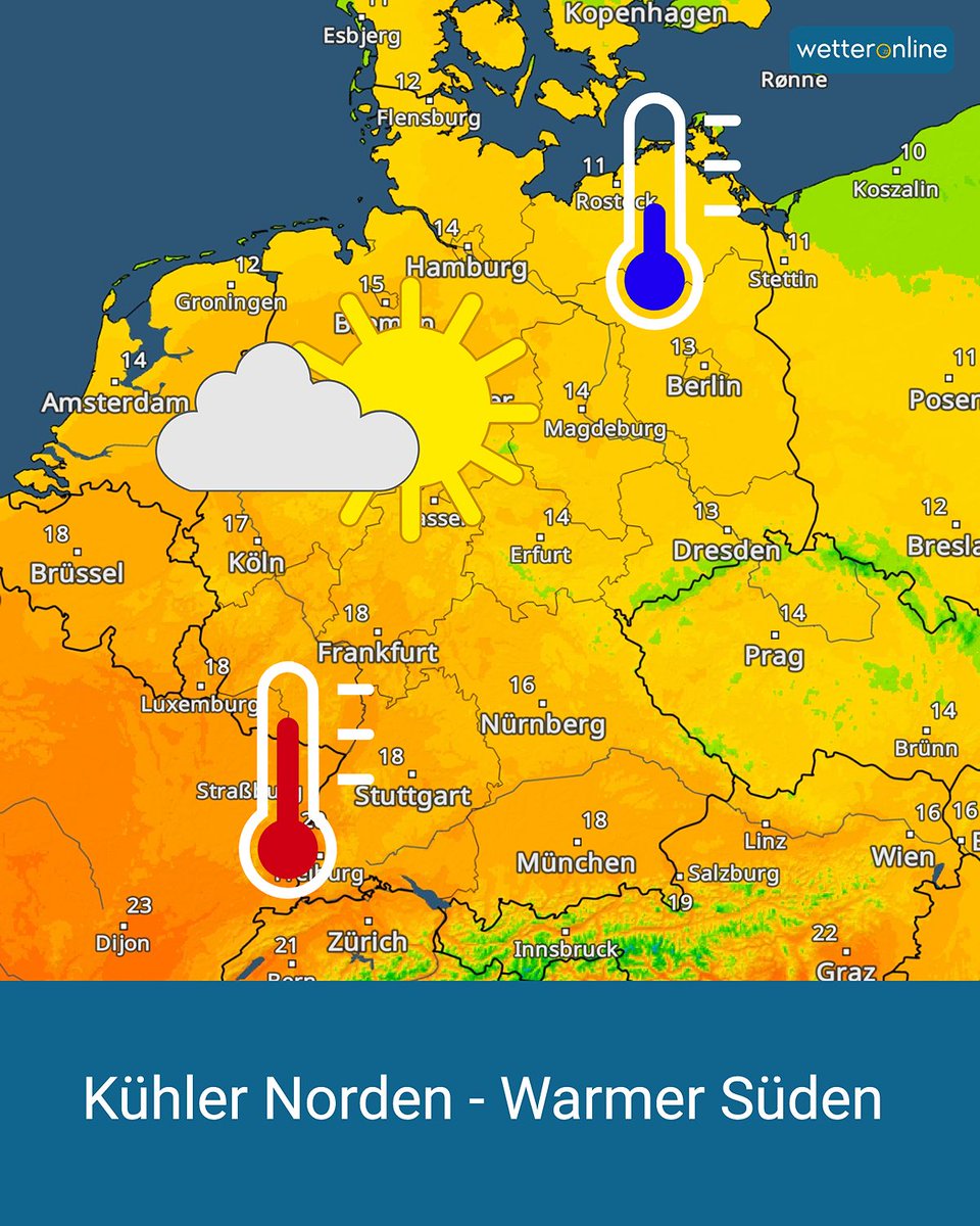 WetterOnline's tweet image. Zweiteilung beim Frühlingswetter 🌤️: Während der Süden Sonne und bis zu 21 Grad bekommt, bleibt es im Norden mit Wind und maximal 14 Grad deutlich kühler. 🌬️

Mehr Infos hier: 
👉 to.wetteronline.de/14-Tage-Wetter 

#Wetter #Frühling #Deutschland