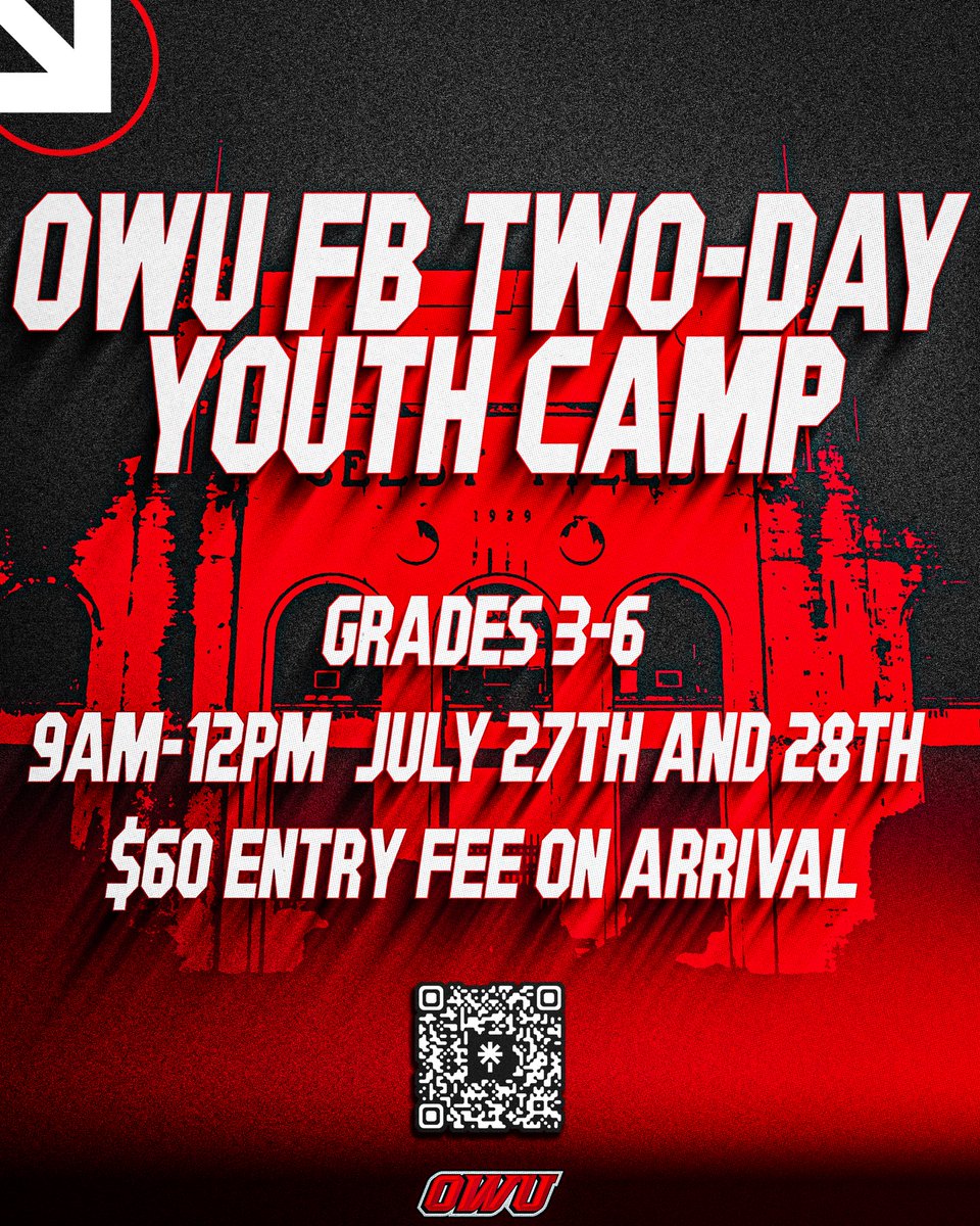 OWUBishopFB's tweet photo. 🚨OWU FB TWO-DAY YOUTH CAMP🚨
SCAN THE QR CODE TO SIGN UP‼️ https://t.co/zaquIZst6g
