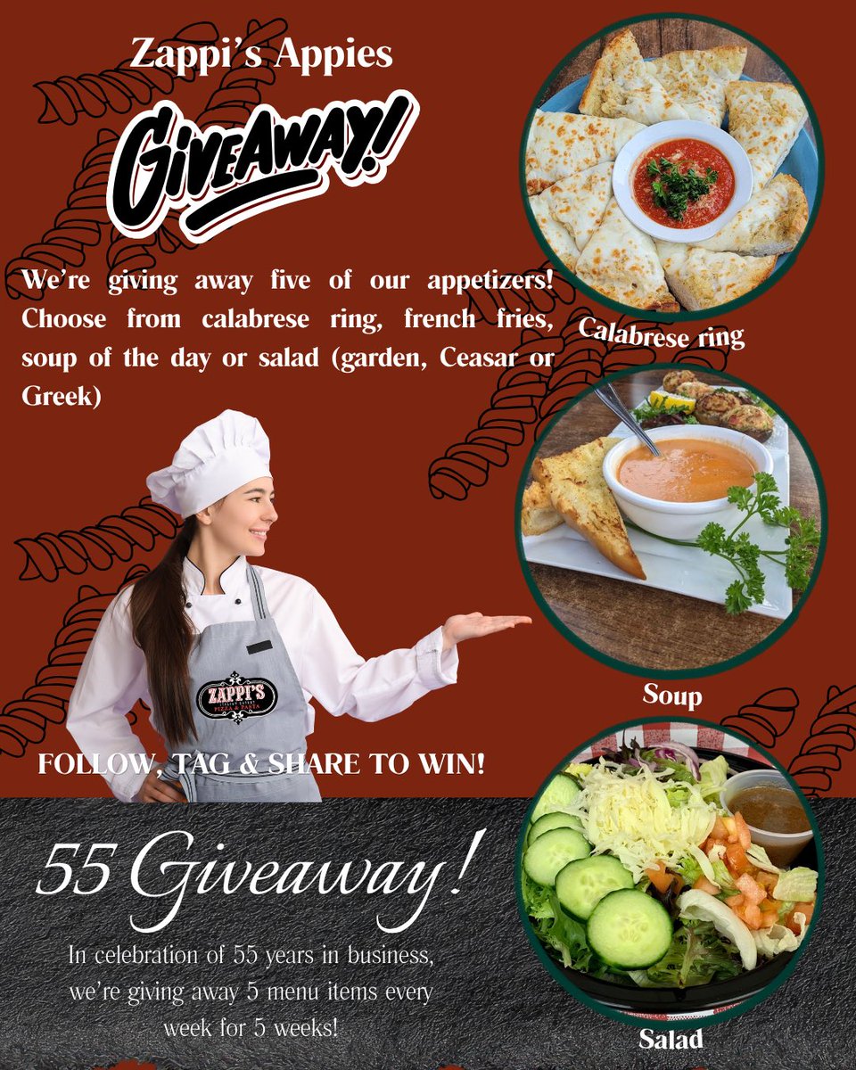 zappispizzeria's tweet image. ⭐️#GIVEAWAYALERT!⭐️ 

As a thank you for keeping us in business for 55 years, we’re giving away 5 menu items every week for 5 weeks!

#Entertowin 5 of our #appetizers!

🍝 Like this post &amp;amp; follow us. 
🍝 Comment your favourite appetizer.
🍝 Retweet us!
￼
#Giveaway ends April 26.