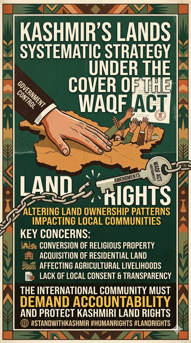 HM313P's tweet image. Indian Government’s Control Over Kashmiri Lands — A Systematic Strategy Under the Cover of the Waqf Act

#HindutvaPolitics
#WaqfAct
#Governance
#HumanRights
#IIOJK 
#pakistan #Panamá #Atatürk #lamansiónvip #23NisanKutlansın