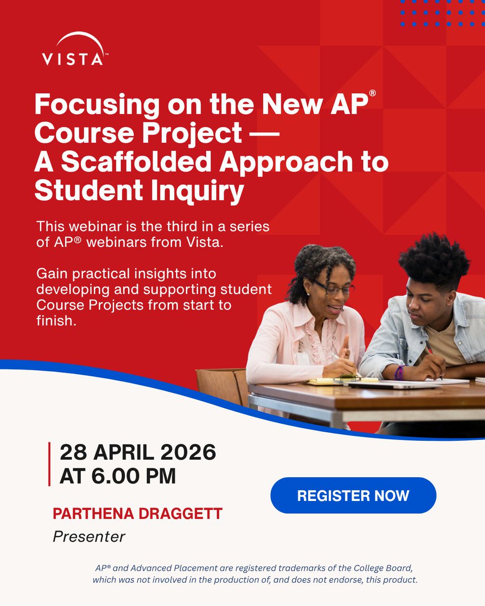 VHLPreK12's tweet photo. The new AP® course project is coming into focus—and preparation starts now.

In our third webinar of the series, we’re taking a practical, classroom-centered look at how to scaffold student inquiry from day one. From building routines early in the course to supporting students through each phase of the project, this session is designed to help you approach the new AP® expectations with clarity and confidence.

You’ll walk away with:
• A clear understanding of project phases and expectations
• Instructional strategies to support students throughout their journey
• Ways to integrate existing resources like Temas and Thèmes
• A preview of how upcoming materials will support revised speaking tasks

Next Tuesday, April 28, 2026 at 6:00 PM ET
Presented by Parthena Draggett

Register here: https://t.co/pCpJjJEjI2