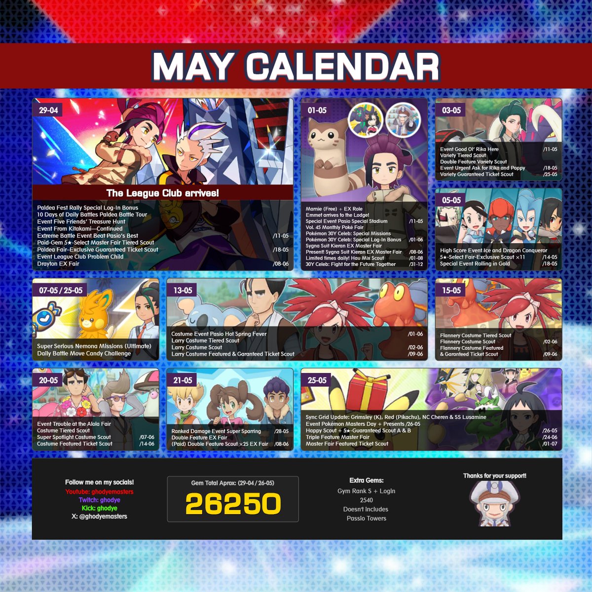 GhodyeMasters's tweet photo. 🗓 CALENDARIO de MAYO  🗓 🇬🇧 MAY CALENDAR  

Nota: No Incluye las joyas del Gym en rango S y login. / Gym Rank and Login are not included! 🤓

❤️ No olvides compartir y dejar un like 🔁 #ポケマスEX #PokemonMastersEX https://t.co/eAp9TQDTOp
