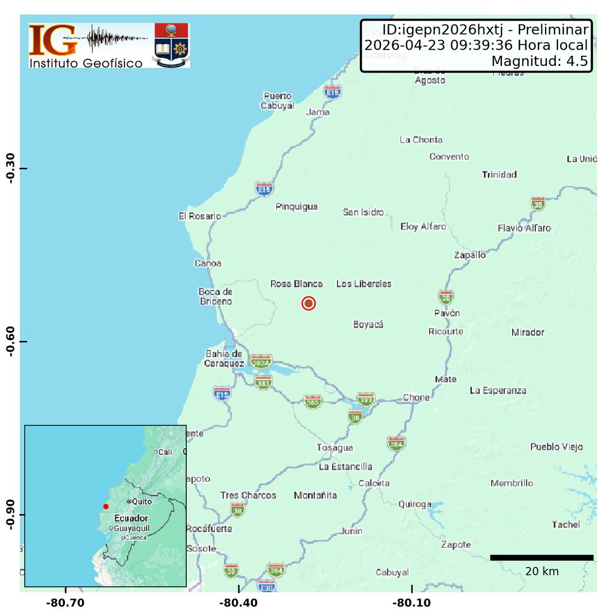 IGecuador's tweet image. [PRELIMINAR]
Evento: igepn2026hxtj
Ocurrido: 2026-04-23 09:39:36
Mag.: 4.5M
Prof.: 20.0 km
Lat.: 0.534° S
Long.: 80.279° W
Localizado: a 15.8 km de San Vicente, Manabi
Sintió este sismo? Repórtelo: servicios.igepn.edu.ec/url/NzY2OQ==