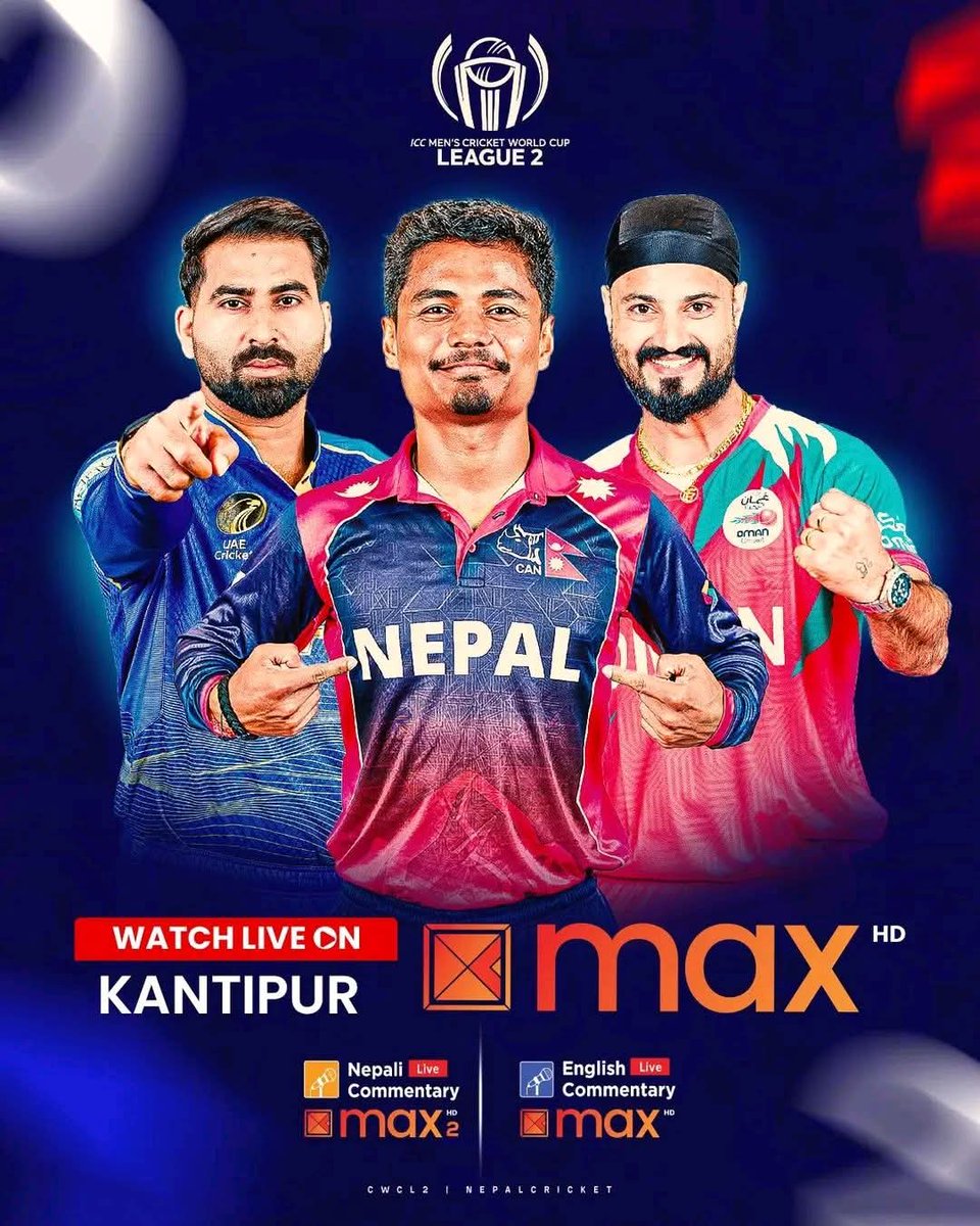 KCMCricket's tweet photo. 🇳🇵CWCL2 games live on Kantipur Max HD2 with English &amp; Nepali commentary 📺

#NepalCricket https://t.co/5fMnrNUwRz