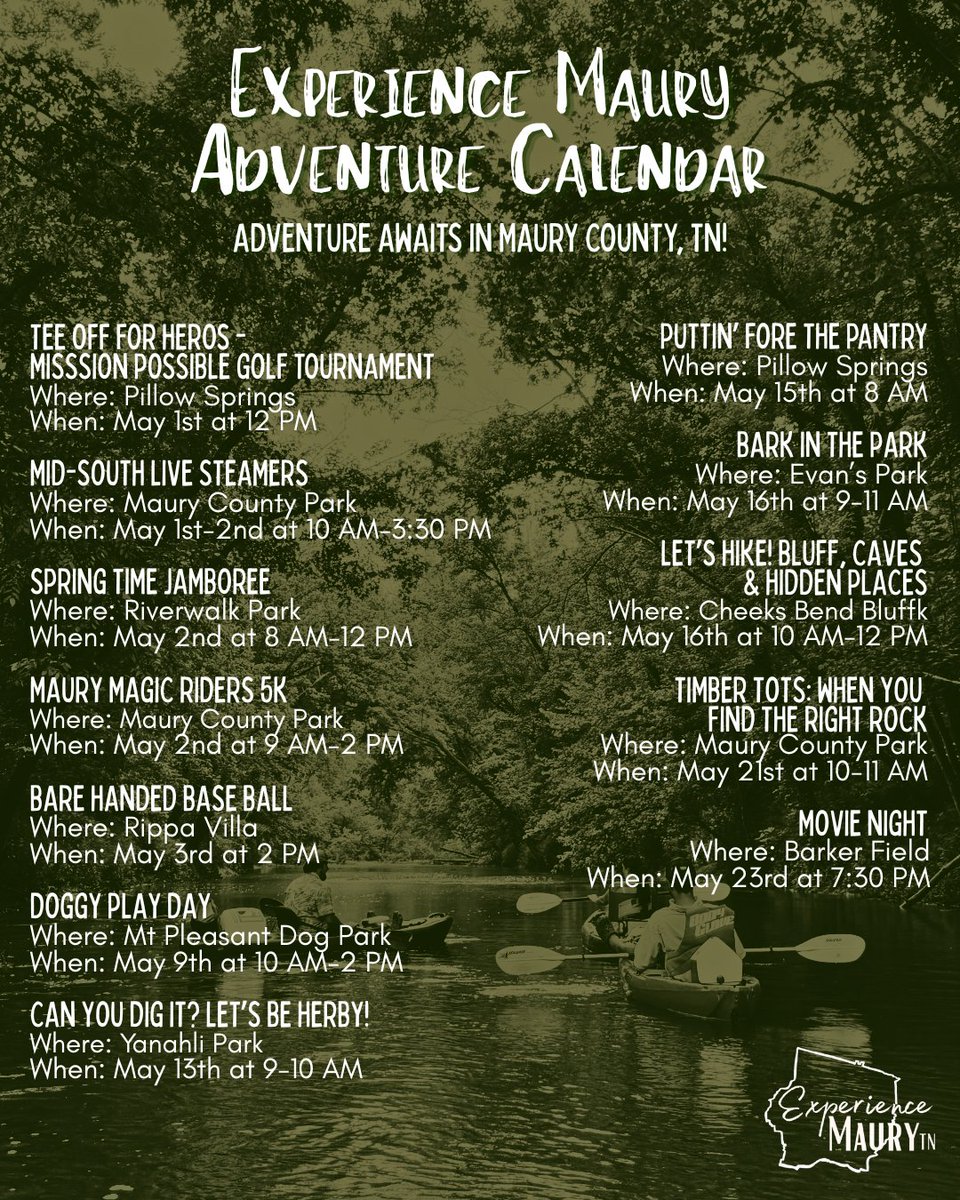 experiencemaury's tweet image. ✨ Introducing the Experience Maury Adventure Calendar! 🌿
Maury Co is full of ways to get outside and explore! Each month, we’ll be sharing a roundup of local outdoor events to help you plan your next adventure. 🥾🚴‍♀️🛶
#ExperienceMaury #AdventureAwaits #MauryCountyTN #GetOutside