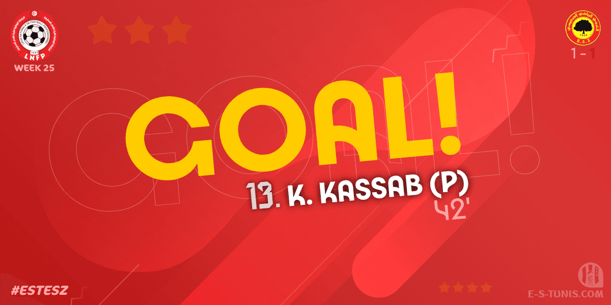 ESTuniscom's tweet photo. ⏱ 42' | #Ligue1Tn🇹🇳 Week 25 #ESTESZ | @ESTuniscom 1⃣-1⃣ #ESZarzis : ⚽️ K. Kassab (P) (ESZ) scores! / هدف / But https://t.co/y8nMx6ha7y
