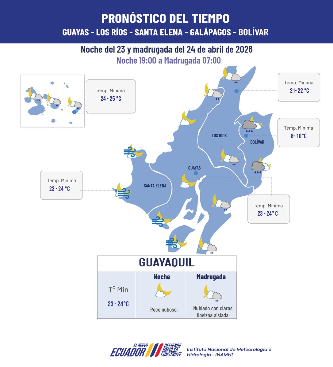inamhi_ec's tweet image. PronosticoDelTiempo| Conozca el pronóstico del tiempo para las provincias de #Guayas,#LosRíos, #SantaElena, #Bolívar y #Galápagos correspondiente: Jueves 23 abril madrugada 24 de abril.
@Riesgos_Ec
@alcaldiagye
@GadQuevedo
@ep_segura
@ecu911sambo
@PrefGuayas
@gobersantaelena
