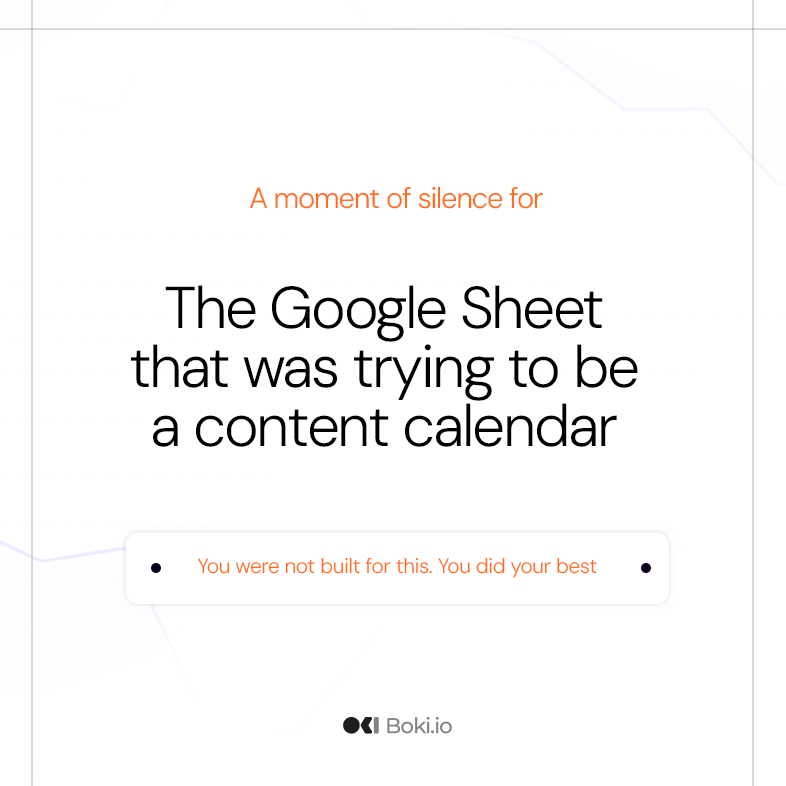 boki_io's tweet photo. Google Sheets was built in 2006 to track data.

Content teams turned it into a content calendar. Then a brief tracker. Then a status board. Then a publishing log. Then a team directory. Then somehow also the source of truth for everything.

It was built for data. It just never said no :)

Boki is. Create up to 50 documents. No credit card required.