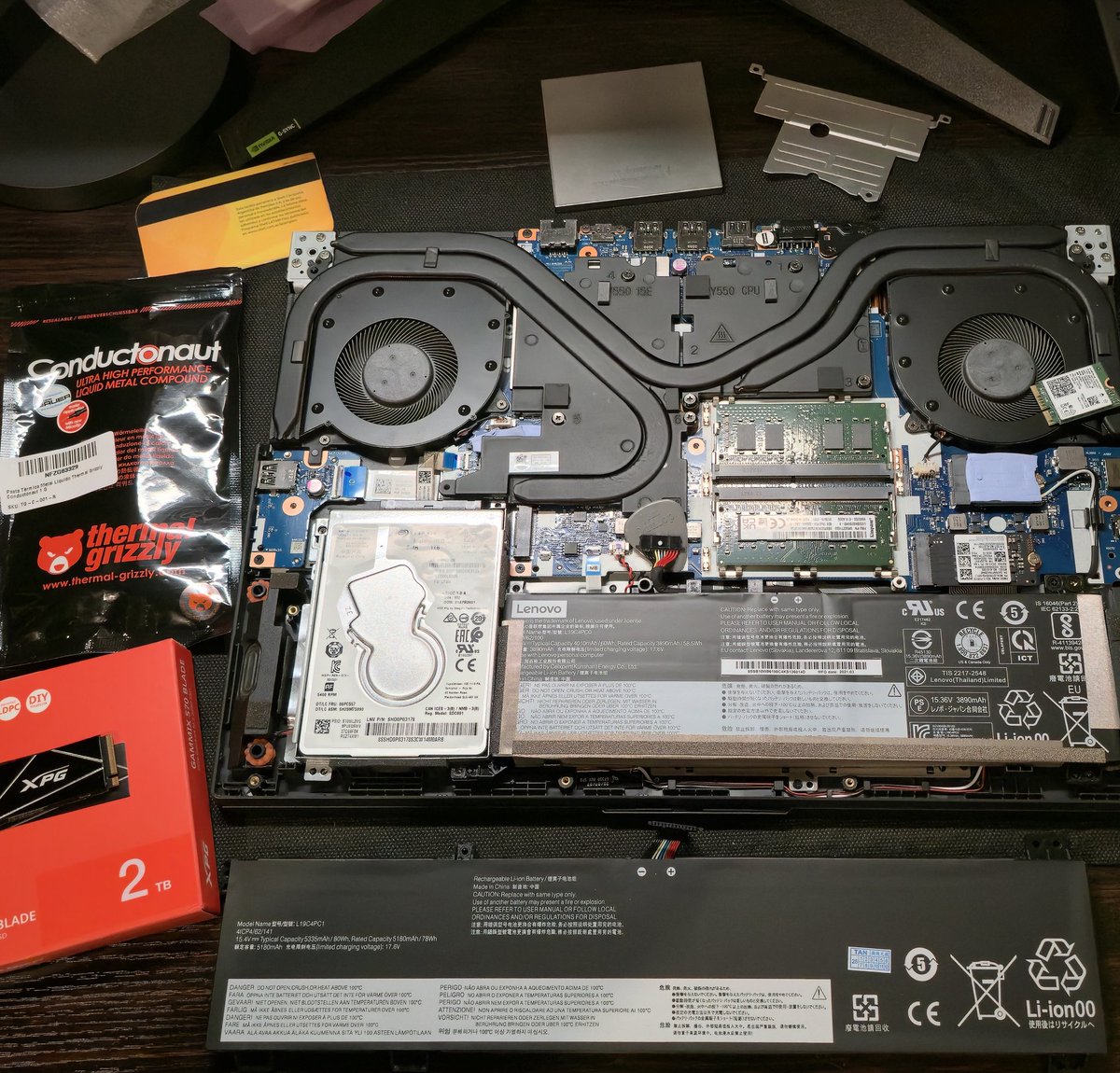 LukeMalas's tweet photo. @iFixit I refuse to let die my 4yo Legion i5. Through the past years I slowly upgraded it to it's peak form:

- Dual NVMe SSDs (the speedy ones)
- Metal Liquid Cooling &amp; fresh cooling pads
- Bigger battery for all day use

This is the way, maintain and upgrade your tech. Don't throw it. https://t.co/j98OH12r9j