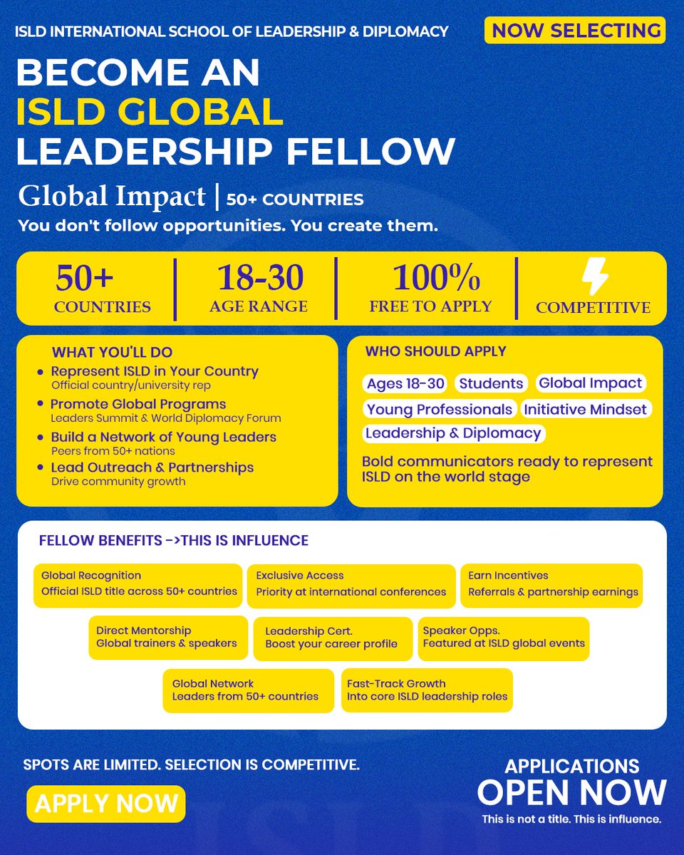 opportunitiesfy's tweet image. 🌍 ISLD Global Leadership Fellow 2026
Become a global leader &amp;amp; represent your country!
🌐 Networking
 📚Leadership growth
 🤝Global impact
📅 Deadline: May 15, 2026
🔗 Apply: wp.me/p23f03-kJ4
#Fellowship #Leadership #GlobalOpportunities