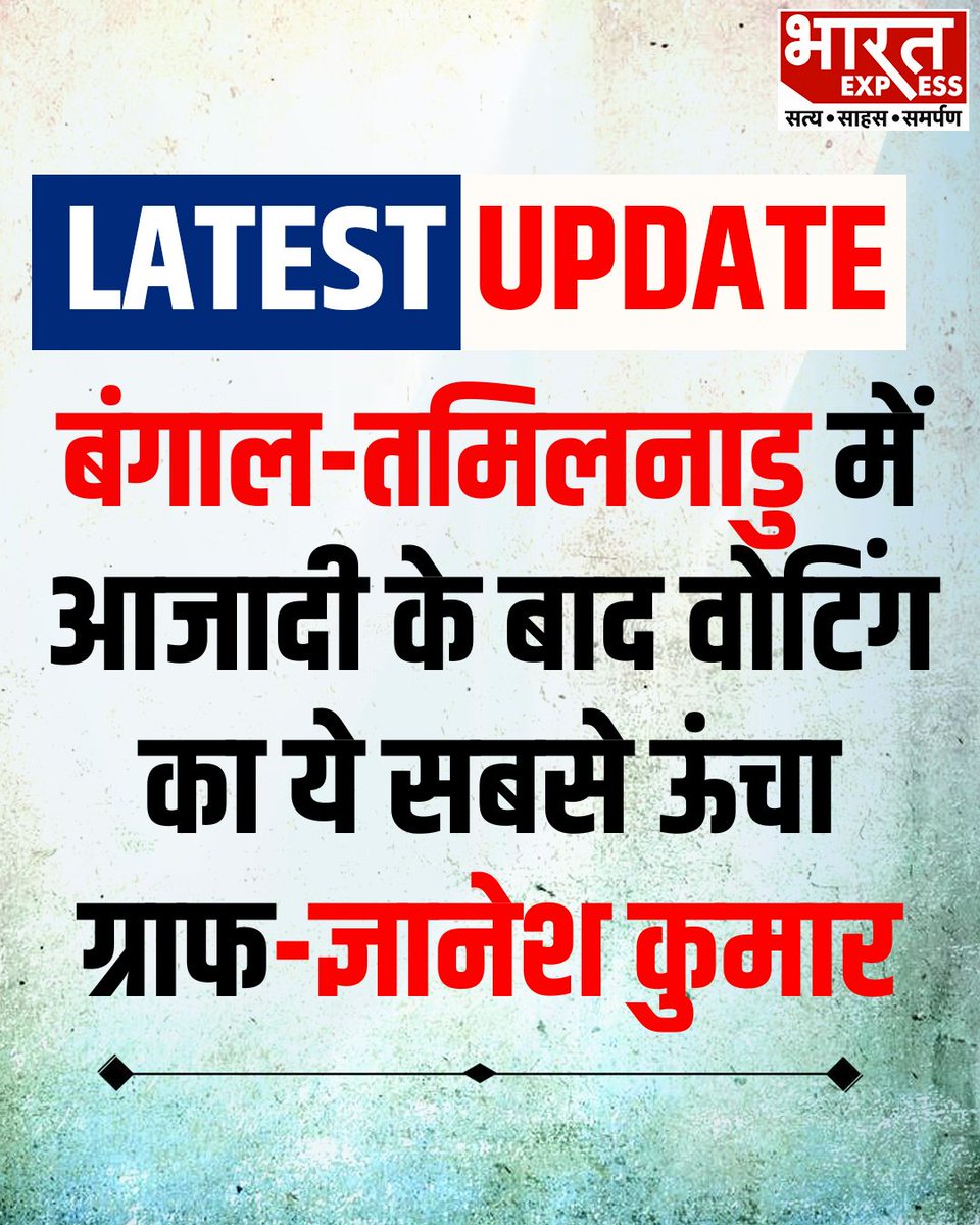 BhaaratExpress's tweet photo. भारत के चीफ इलेक्शन कमिश्नर ज्ञानेश कुमार ने कहा, "आज़ादी के बाद से पश्चिम बंगाल और तमिलनाडु में अब तक का सबसे ज़्यादा पोलिंग परसेंटेज - चुनाव आयोग पश्चिम बंगाल और तमिलनाडु के हर वोटर को सलाम करता है।"
#ElectionCommission #GyaneshKumar #WestBengal #TamilNadu #VotingRecord #Democracy #IndiaVotes #BreakingNews