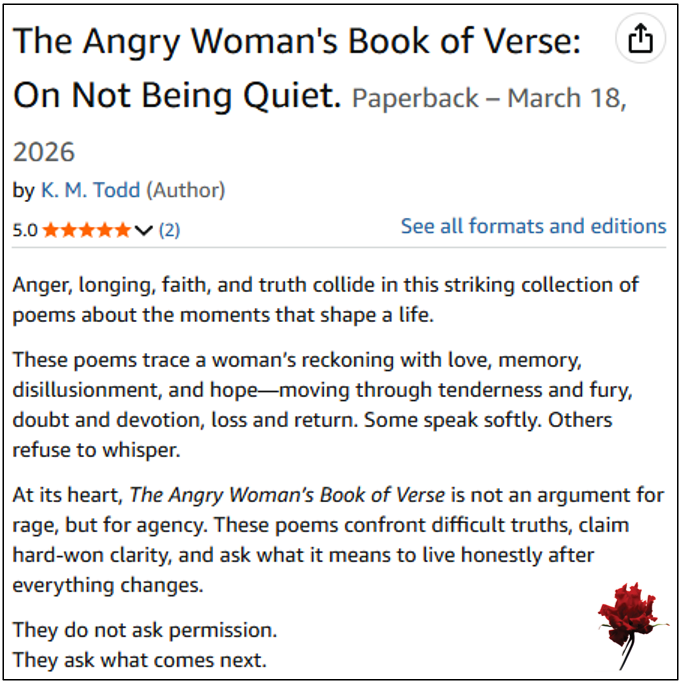 KarenNorrell's tweet photo. Just received my first review (and a rating) for The Angry Woman’s Book of Verse—grateful beyond words.

If you’ve read it, reviews truly help the book reach more readers. Thank you. https://t.co/EwCWU2wRXo