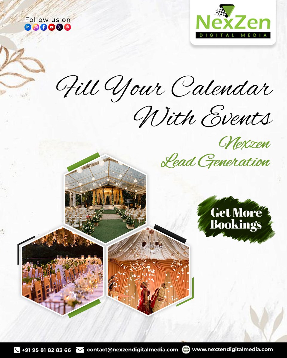 Nexzenmedia's tweet image. Fill Your Calendar with More Bookings – Nexzen Digital Media

#NexzenDigitalMedia #LeadGeneration #EventMarketing #WeddingPlannerMarketing #EventPlanner #DigitalMarketing #MoreBookings #BusinessGrowth #SocialMediaMarketing #PerformanceMarketing