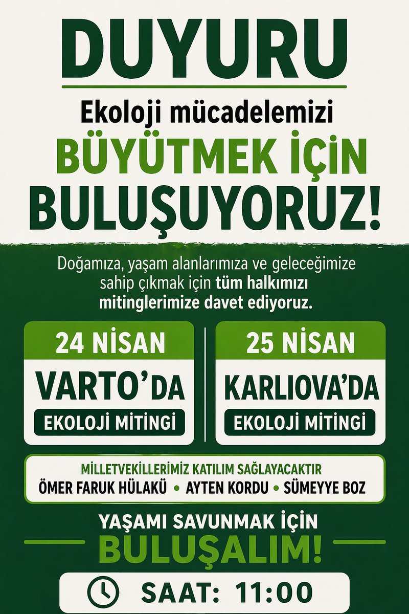 OHulaku's tweet photo. Doğamıza, suyumuza, toprağımıza sahip çıkmak için buluşuyoruz.

24 Nisan’da Gimgim/Varto’da, 25 Nisan’da Kanîreş/Karlıova’da,
köylerden, yaylalardan, kentlerden yükselen ortak bir ses olacağız.

Yaşam alanlarımız için geleceğimiz için yan yana geliyoruz. https://t.co/h6eqaOYMZn