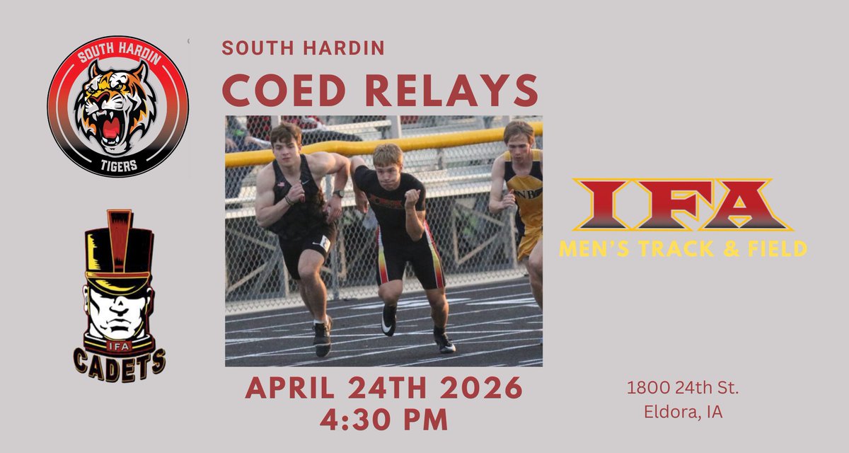 CoachHarms1's tweet image. The Cadet Men's Track Team will be competing at the South Hardin COED Relays in Eldora on April 24th, 4:30 PM #IFACadetPride #TrackSpeed docs.google.com/spreadsheets/d…