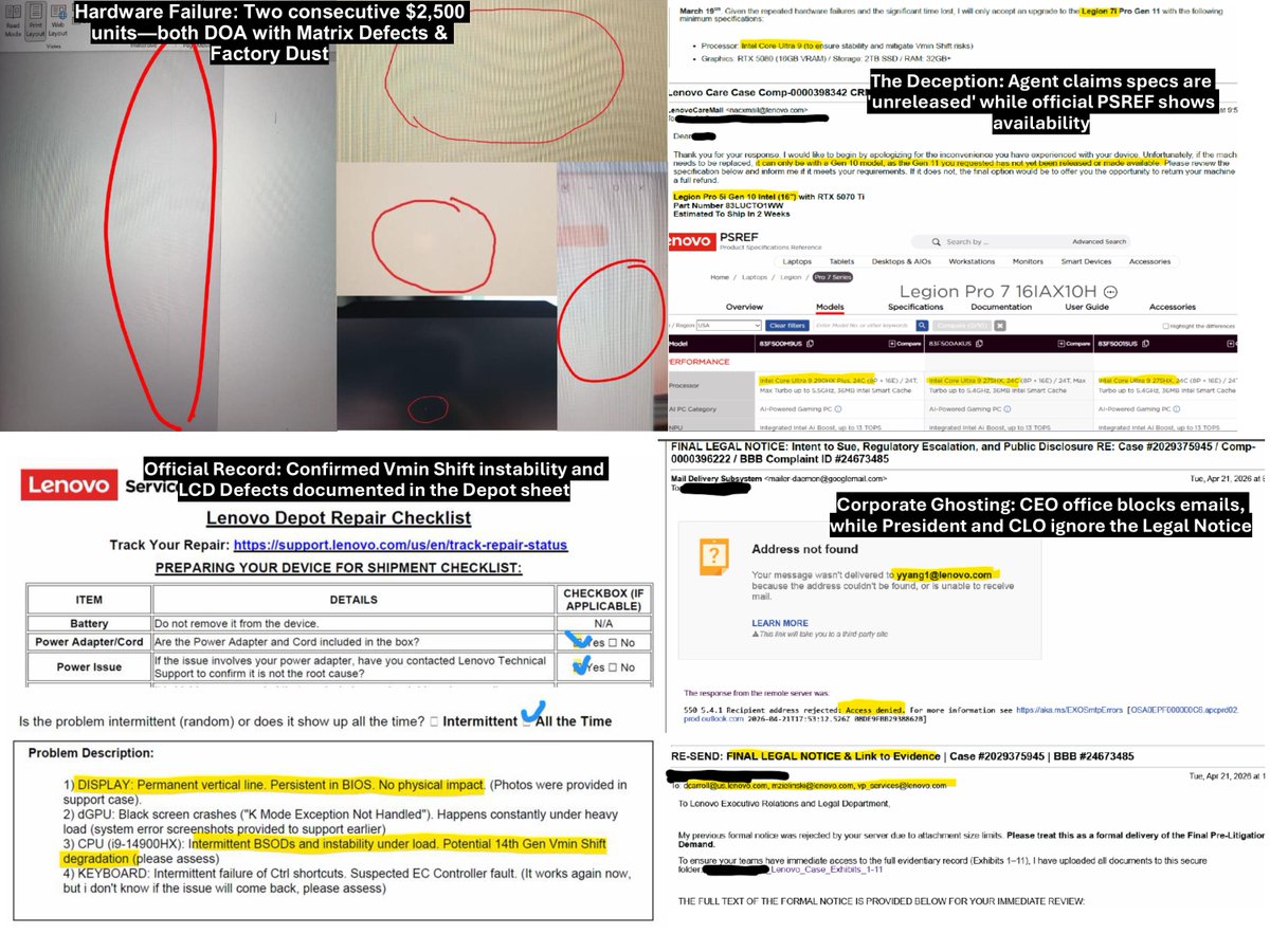 Anya1270's tweet photo. Hey @Lenovo @MattZielinski. Is lying to the BBB corporate policy now?

2 months, 2 DOA units ($2,500+), and a Formal Legal Notice ignored by your C-Suite. Your "Ultimate Support" is a ghost town.

Documented fraud and Vmin Shift failures. Case #24673485.

#Lenovo #Legion #Intel https://t.co/L40o42sO2Q