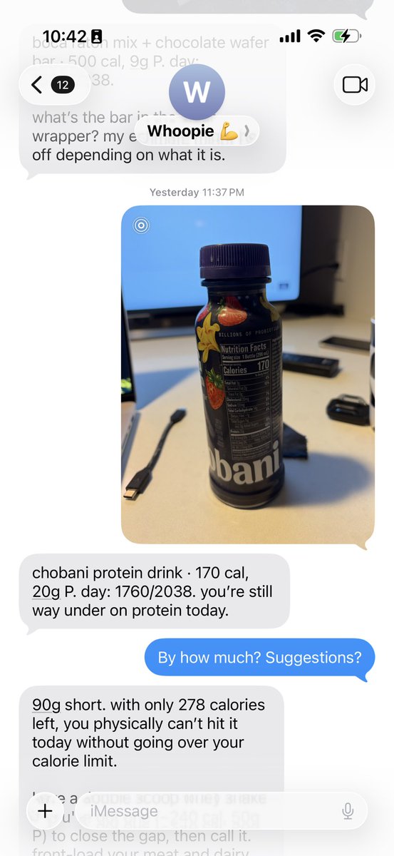 arnabing's tweet photo. I connected Hermes (AI agent) to my @WHOOP 

It’s become my iMessage nutritionist. 🏋️🥗😬 What have I done?!? Now it yells at me for having a beer. https://t.co/uN10fVqLUh