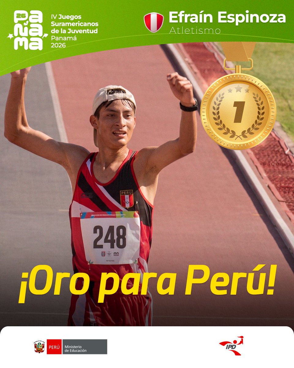 ¡𝗢𝗥𝗢 𝗣𝗘𝗥𝗨𝗔𝗡𝗢 𝗘𝗡 𝗔𝗧𝗟𝗘𝗧𝗜𝗦𝗠𝗢! 🏆🇵🇪🥇
Con solo 16 años George Espinoza conquistó la medalla de oro en los 5000 metros de marcha atlética y llevó al Perú a lo más alto en los Juegos Suramericanos de la Juventud Panamá 2026. ¡Gracias por este logro, campeón!