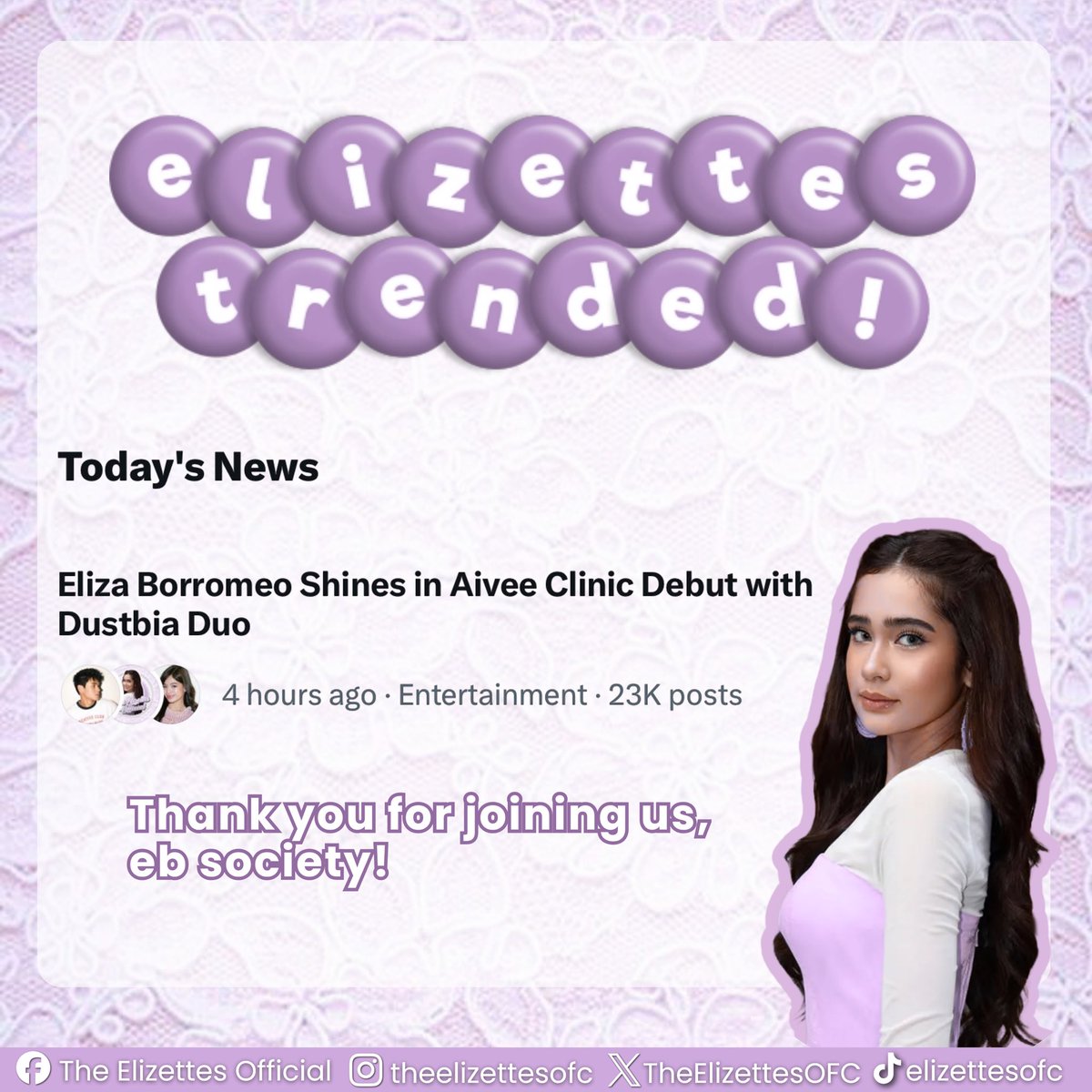 TheElizettesOFC's tweet photo. 𝐖𝐄 𝐓𝐑𝐄𝐍𝐃𝐄𝐃! 💜✨

Thank you, EB Society, for your participation in today’s tag party despite the challenges! Your energy, dedication, and nonstop support made this possible.

#ElizaBorromeo | #TheElizettes https://t.co/Uah5gnAixm