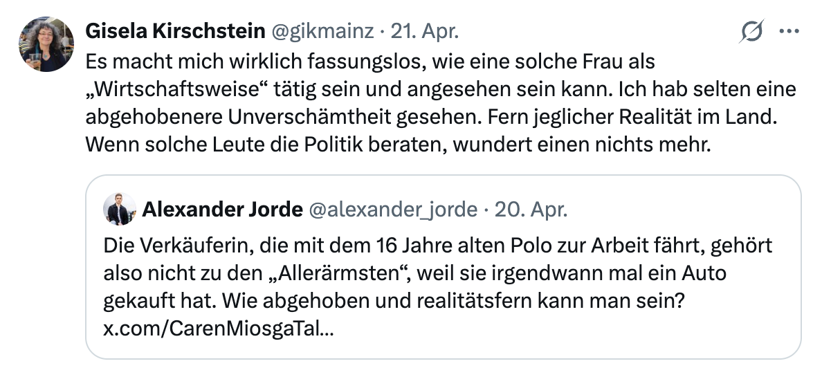 Es macht mich wirklich fassungslos, wie eine solche Frau als „Journalistin“ tätig sein und angesehen sein kann. Ich hab selten ein professionelleres Unvermögen gesehen. Fern jeglicher Realität im Internetz. Wenn solche Leute "publizieren", wundert einen nichts mehr.