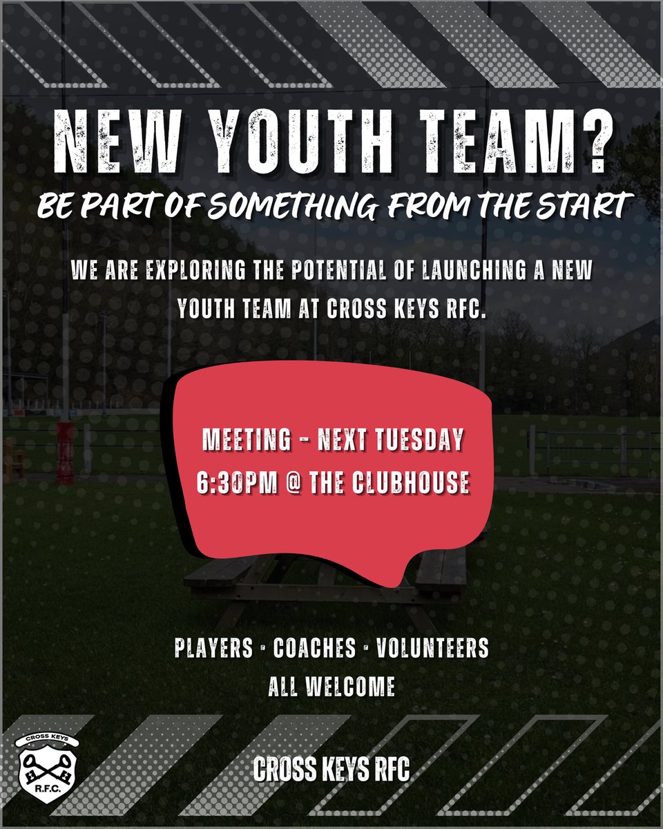 crosskeysrfc's tweet image. 🏉 𝐏𝐎𝐓𝐄𝐍𝐓𝐈𝐀𝐋 𝐍𝐄𝐖 𝐘𝐎𝐔𝐓𝐇 𝐓𝐄𝐀𝐌 𝐀𝐓 𝐂𝐑𝐎𝐒𝐒 𝐊𝐄𝐘𝐒 𝐑𝐅𝐂

We’re exploring the potential of launching a new youth team at the club.

If you’re interested in playing, coaching or supporting, we want to hear from you.

#CrossKeysRFC #Rugby #Community