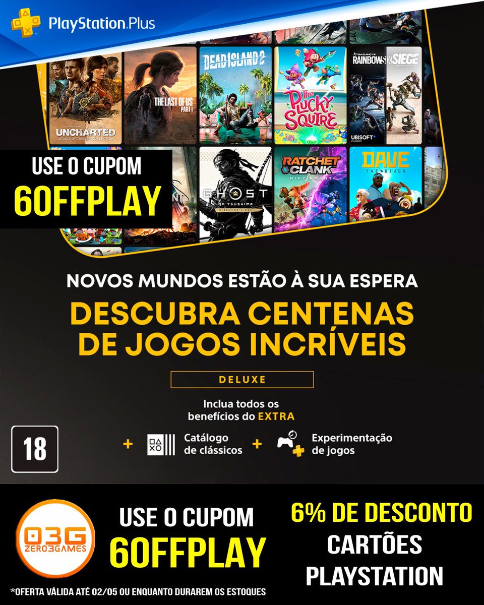 zero3games's tweet image. Use o Cupom 6OFFPLAY e economize 6% em GiftCards PlayStation com a Zero3games 😎

6% OFF para os cartões PlayStation - até 02/05/2026 ou enquanto durarem os estoques

#promo #promoção #zero3games #playstation #psn