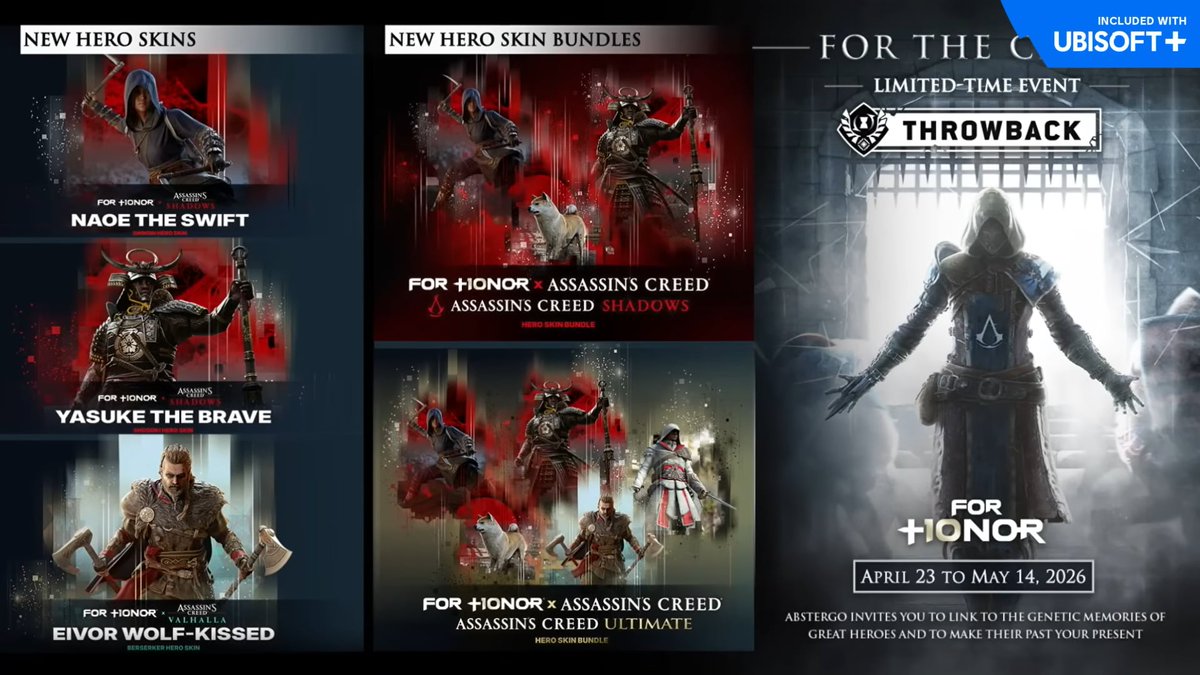 AC_TEMPLIER's tweet photo. L’événement Assassin's Creed sur For Honor revient du 23 Avril 2026 au 14 Mai 2026 avec de nouvelles récompenses et des Skins de héros de Fujibayashi Naoe, Yasuke et Eivor "Varinsson" (Havi). 😉
#AssassinsCreed #AC #Ubisoft #ForHonor #ForTheCreed https://t.co/yE5Mxp9Au5