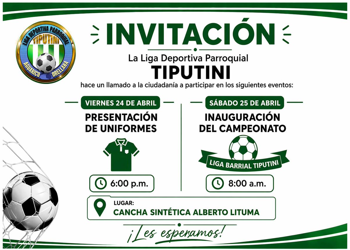 GadAguarico's tweet image. INVITACIÓN | Tiputini vive la fiesta del fútbol
El deporte se toma Tiputini con una jornada que reunirá a la comunidad en torno al talento, la disciplina y el trabajo en equipo. 
#Tiputini #Deporte #Fútbol #LigaBarrial #Aguarico #Comunidad