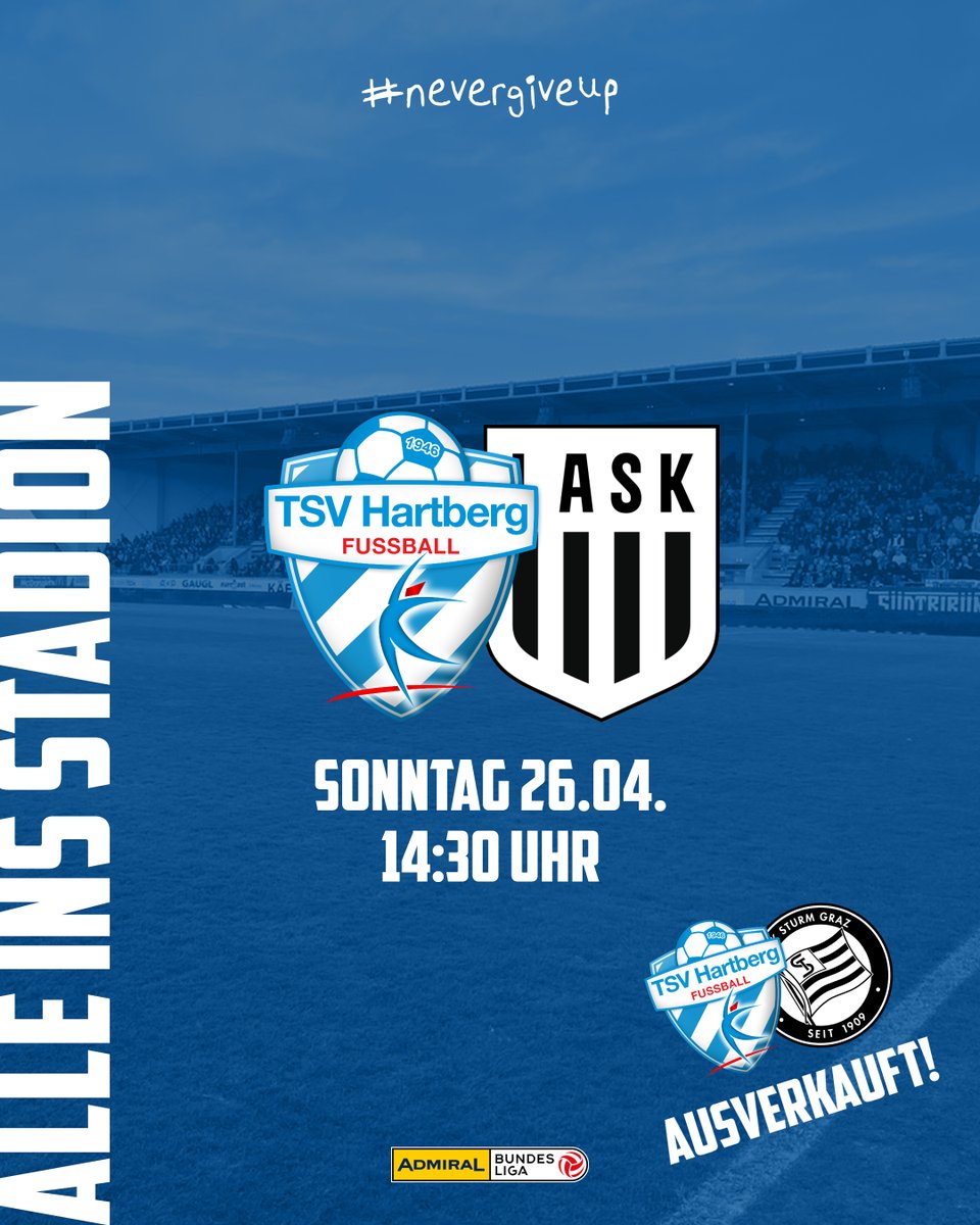 tsv_hartberg's tweet image. NUR NOCH 2 HEIMSPIELE 🚨

Vor dem bereits ausverkauften Steirer-Duell gegen den SK Sturm (10.05.) trifft unsere Mannschaft am Sonntag (26.04.) auf den LASK. Nutzt die letzte Chance auf Meistergruppen-Tickets und unterstützt unsere Jungs im Stadion⚽

#forzatsv #nevergiveup