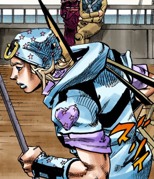 FrizzleLamb's tweet image. (⚠SBR final chapter spoilers)
Not to cornplate, but I didn't realize until now that Johnny Joestar was holding a metal(?) stick or pole because he was still getting used to walking again...