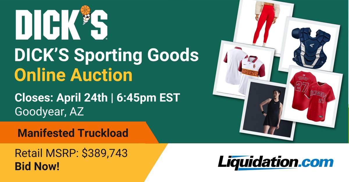 liquidation_com's tweet photo. Truckload of Athletic Apparel &amp; More for Men, Women &amp; Kids
Bid on a truckload of shelf pulls from DICK’S Sporting Goods.

🌍 Great opportunity for exporters.

🔗 Click link below to view the manifest and place your sealed bid.
https://t.co/6Jr8FzeKHr https://t.co/VLz56jWHn7