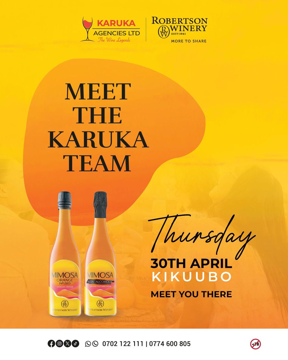 RobertsonUganda's tweet image. Meet the team, taste the difference 🍷✨

Robertson Winery x Karuka Agencies are bringing their products closer to you!

📍 Kikuubo
📅 30 April

Come through, connect &amp;amp; explore what’s in store 👌

#MeetTheTeam #Kikuubo #WineExperience #KarukaAgencies #RobertsonWinery
